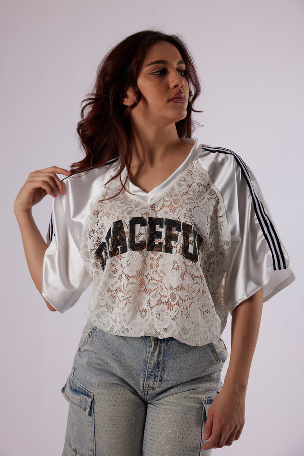 T-shirt Peaceful pizzo bianca